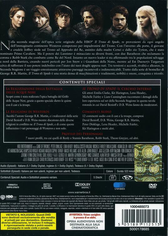 Il trono di spade. Game of Thrones. Stagione 2. Serie TV ita (5 DVD) di Alan Taylor,Alik Sakharov,David Petrarca,David Nutter - DVD - 2