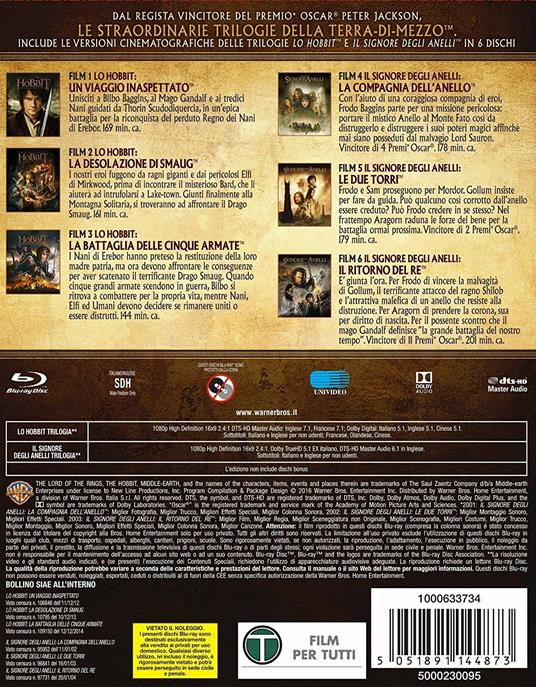 Hobbit + Il Signore degli Anelli. Le trilogie (6 Blu-ray) - Blu-ray - Film  di Peter Jackson Fantasy e fantascienza