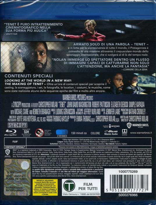 Tenet (Blu-ray) di Christopher Nolan - Blu-ray - 2