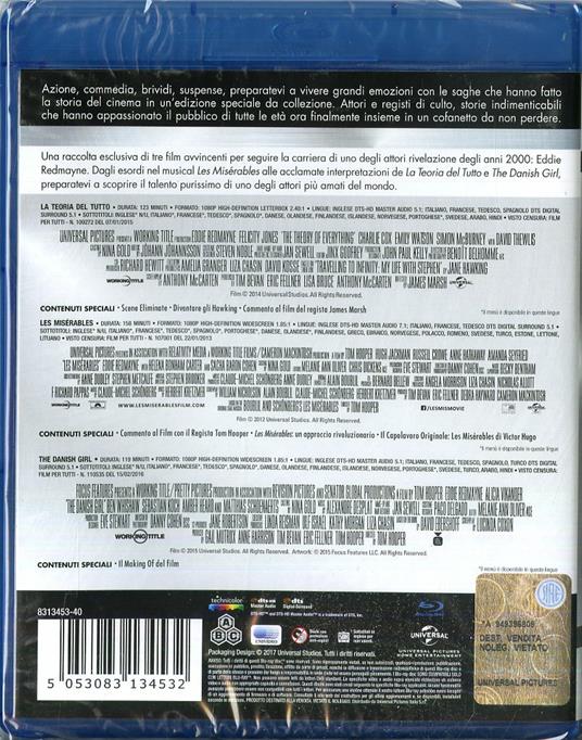 Eddie Redmayne Master Collection. La teoria del tutto - Les Misérables - The Danish Girl (3 Blu-ray) di Tom Hooper,James Marsh - 2