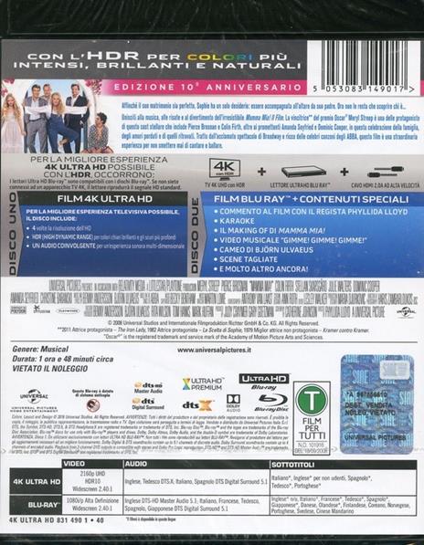 Mamma mia. 10th Anniversary Edition con Colonna Sonora (Blu-ray Ultra HD 4K + CD) di Phyllida Lloyd - Blu-ray + Blu-ray Ultra HD 4K - 2