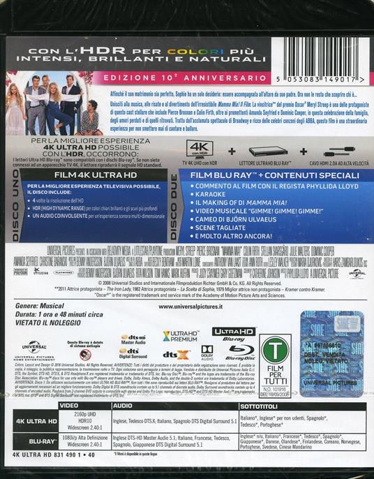 Mamma mia. 10th Anniversary Edition con Colonna Sonora (Blu-ray Ultra HD 4K + CD) di Phyllida Lloyd - Blu-ray + Blu-ray Ultra HD 4K - 3