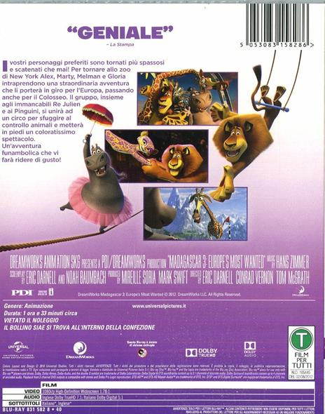 Madagascar 3 (Blu-ray) di Eric Darnell,Tom McGrath,Conrad Vernon - Blu-ray - 2