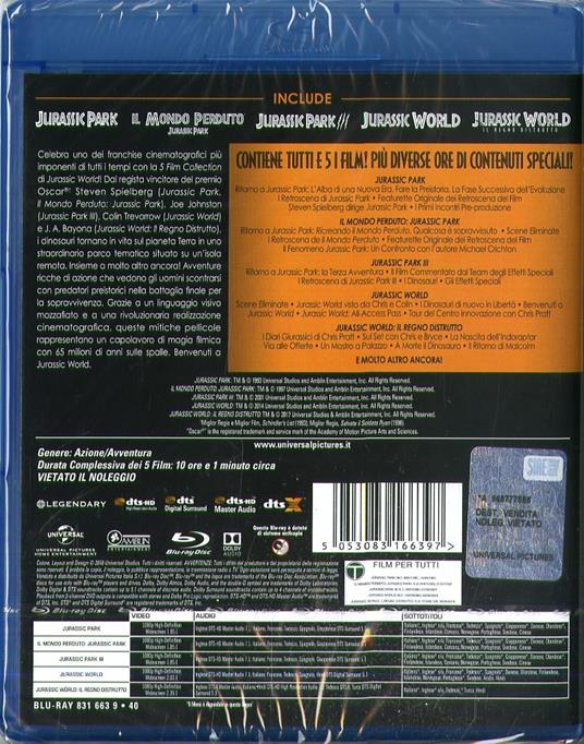 Jurassic Park. 5 Movie Collection (5 Blu-ray) di Joe Johnston,Steven Spielberg,Colin Trevorrow,Juan Antonio Bayona - 2