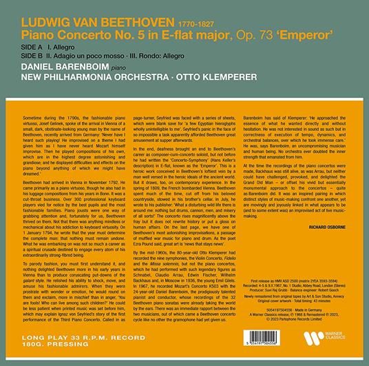 Concerto per pianoforte n.5 - Vinile LP di Ludwig van Beethoven,Otto Klemperer,New Philharmonia Orchestra,Daniel Barenboim - 2