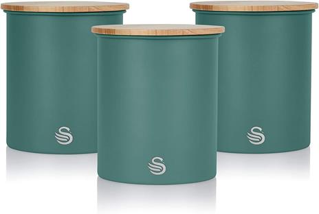 Swan Nordic Set di 3 Barattoli da Cucina in Acciaio al Carbonio, Robusti, con Coperchio in bambù, per Conservare tè, caffè e Zucchero, Design Moderno, Verde, Taglia Unica