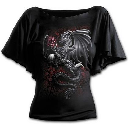Dragon Rose. Boat Neck Bat Sleeve Top Black