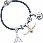 Braccialetto Harry Potter Harry Potter Charm Set- Black Leather Bracelet/Deathly Hallows/Snitch/Platform/2 Spellbeads