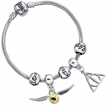 Braccialetto Deathly Hallows/ Snitch/ 3 Spell Beads Harry Potter Charm Set- Silver Bracelet/Deathly