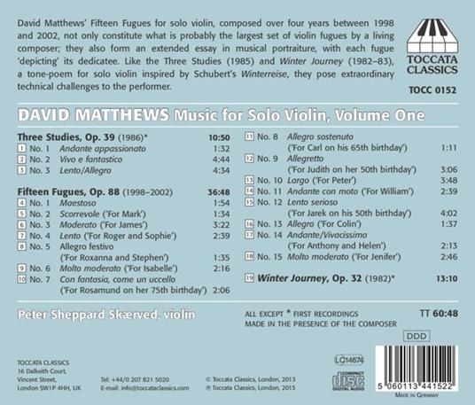 Musica per violino solo vol.1 - CD Audio di David Matthews - 2
