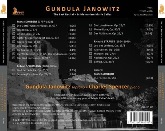 Last Recital in Memoriam - CD Audio di Franz Schubert,Robert Schumann,Richard Strauss,Gundula Janowitz,Charles Spencer - 2