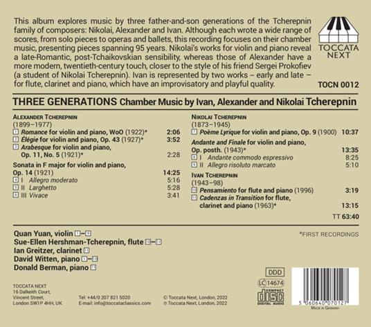 Three Generations: Chamber Music By Ivan, Alexander And Nikolai Tcherepnin - CD Audio - 2