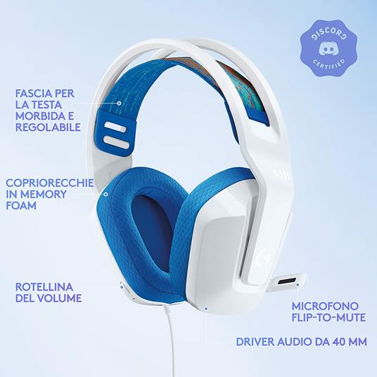 Logitech G335 Cuffie Gaming Cablate, Microfono Flip to Mute, Jack Audio da 3,5 mm, Padiglioni in Memory Foam, Leggera, Compatibile con PC, PlayStation, Xbox, Nintendo Switch - Bianco - 6