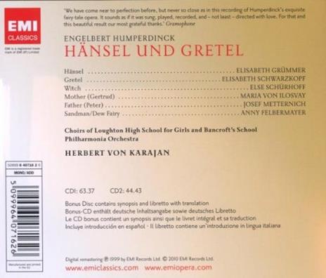 Hänsel und Gretel - CD Audio di Engelbert Humperdinck,Herbert Von Karajan,Elisabeth Schwarzkopf,Elisabeth Grümmer,Philharmonia Orchestra - 2