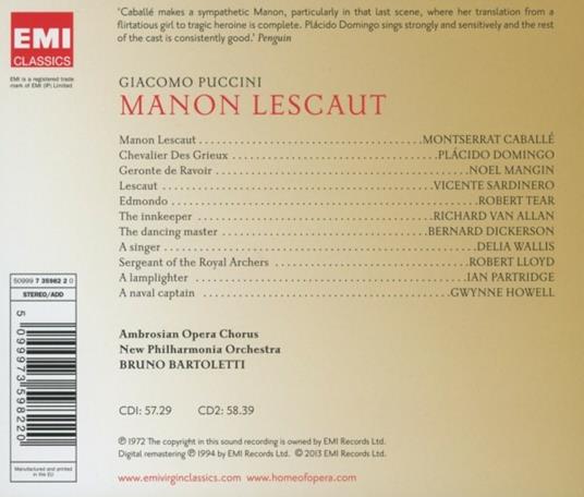 Manon Lescaut - CD Audio di Montserrat Caballé,Placido Domingo,Giacomo Puccini,New Philharmonia Orchestra,Bruno Bartoletti - 2