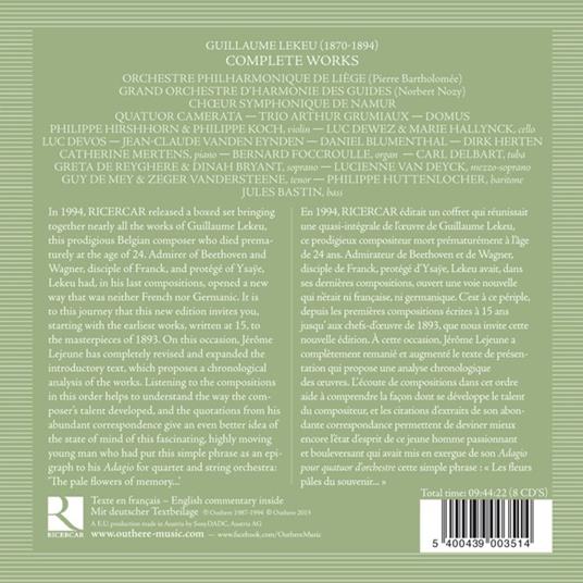 Le fleurs pâles du souvenir. Le opere complete - CD Audio di Grumiaux Trio,Guillaume Lekeu,Bernard Foccroulle,Orchestra Filarmonica di Liegi - 2