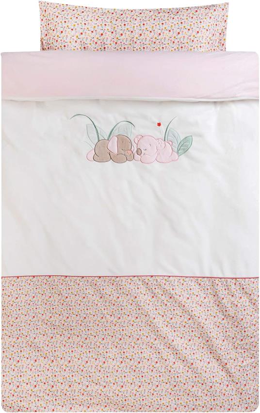 Nattou 631440 - Set di biancheria da letto, copripiumino 100 x 140 cm e federa 40 x 60 cm, motivo: Iris e Lali, colore: bianco/rosa