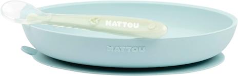 Nattou 877138 - Set di 2 stoviglie in silicone antiscivolo + cucchiaio, azzurro e verde