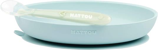 Nattou 877138 - Set di 2 stoviglie in silicone antiscivolo + cucchiaio, azzurro e verde