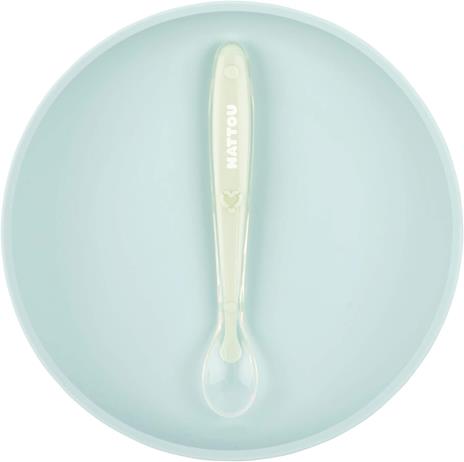 Nattou 877138 - Set di 2 stoviglie in silicone antiscivolo + cucchiaio, azzurro e verde - 2