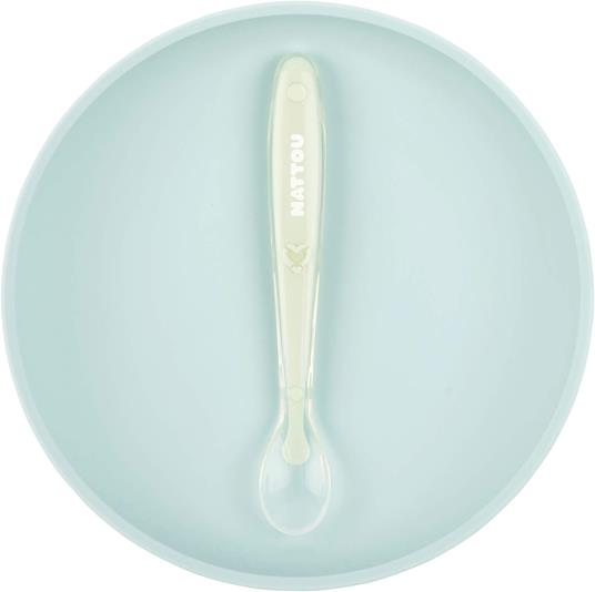 Nattou 877138 - Set di 2 stoviglie in silicone antiscivolo + cucchiaio, azzurro e verde - 2