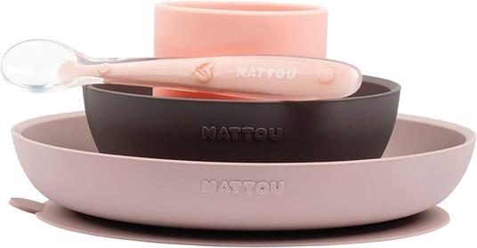 Nattou 877763 - Set da tavola in silicone per bambini, 4 pezzi, completo con piatto, ciotola, tazza, cucchiaio -  rosa, melanzana
