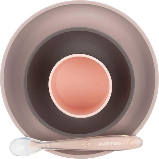 Nattou 877763 - Set da tavola in silicone per bambini, 4 pezzi, completo con piatto, ciotola, tazza, cucchiaio -  rosa, melanzana - 2
