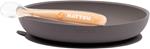 Nattou 879583 - Set di 2 stoviglie in silicone antiscivolo + cucchiaio, melanzana e pesca