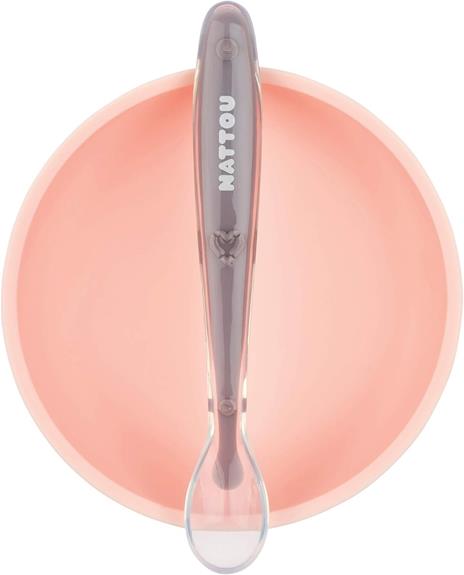 Nattou 879590 - Set di stoviglie per bambini in silicone antiscivolo + cucchiaio, senza BPA, colore: Rosa/Viola - 2