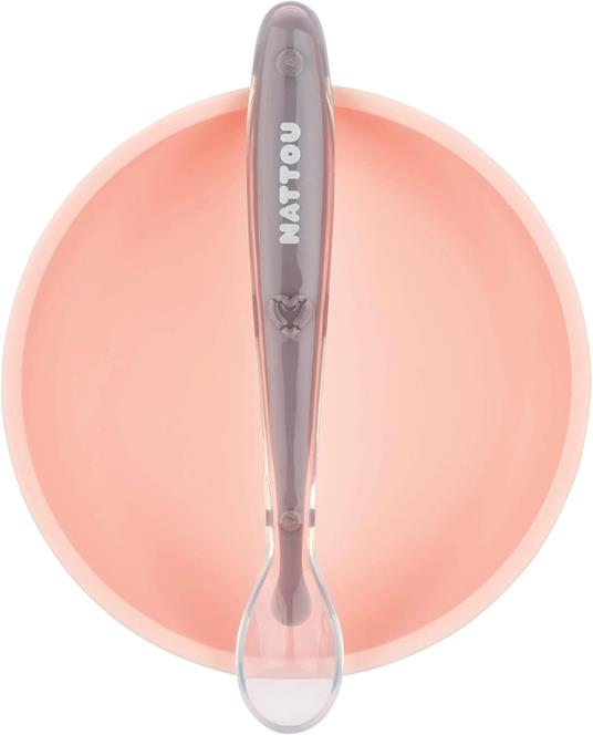 Nattou 879590 - Set di stoviglie per bambini in silicone antiscivolo + cucchiaio, senza BPA, colore: Rosa/Viola - 2