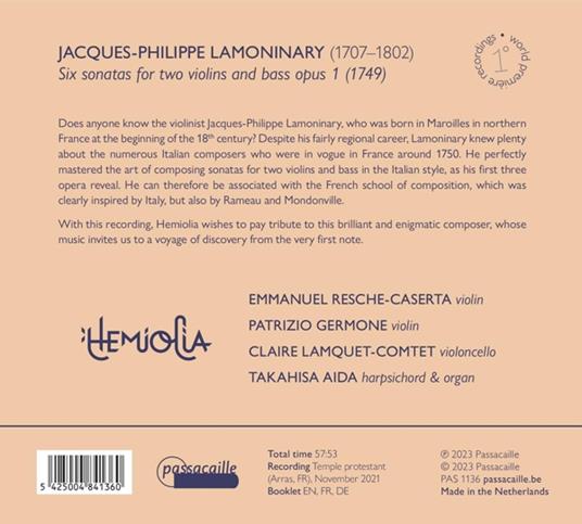 Lamoninary. Six Sonatas For Two Violins And Bass Opus 1 - CD Audio di Hemiolia - 2