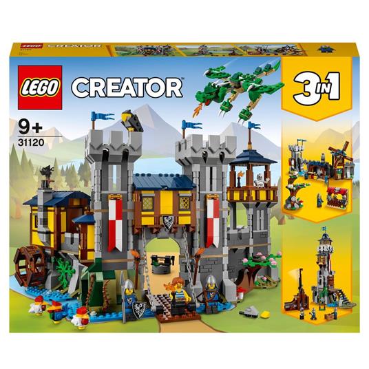 LEGO Creator 31120 3 in 1 Castello Medievale, Torre e Mercato con Catapulta e Drago Giocattolo, Include 3 Minifigure