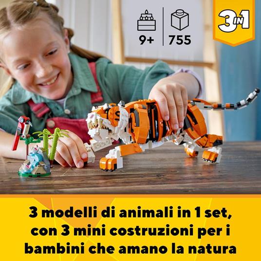 LEGO Creator 31129 3 in 1 Tigre Maestosa, si Trasforma in Panda o Pesce, Giocattolo Creativo con Animali, Regalo 9+ Anni - 2