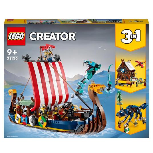 LEGO Creator 3 in 1 31132 Nave Vichinga e Jörmungandr, Casa Giocattolo, Drago e Lupo Snodabili, Giochi per Bambini - LEGO - Creator - Imbarcazioni - Giocattoli | IBS