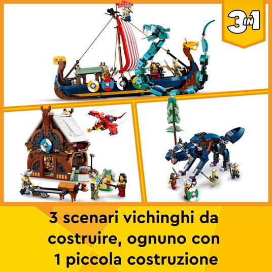 LEGO Creator 3 in 1 31132 Nave Vichinga e Jörmungandr, Casa Giocattolo, Drago e Lupo Snodabili, Giochi per Bambini - 3