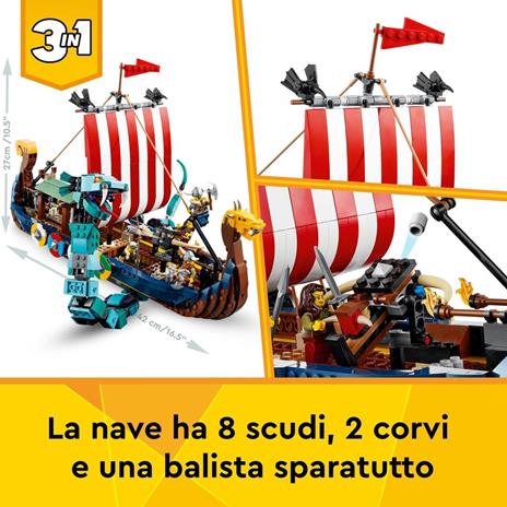 LEGO Creator 3 in 1 31132 Nave Vichinga e Jörmungandr, Casa Giocattolo, Drago e Lupo Snodabili, Giochi per Bambini - 4