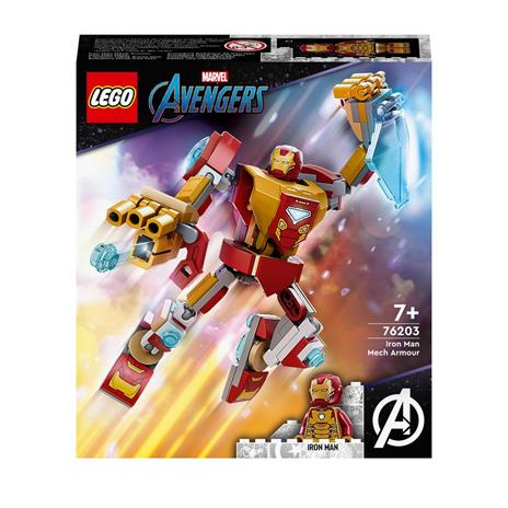 LEGO Marvel 76203 Armatura Mech Iron Man, Mattoncini Creativi con Action Figure Avengers, Giocattoli per Bambini dai 7 Anni