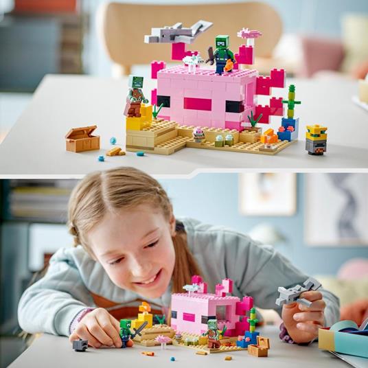 LEGO Minecraft 21247 La Casa dellAxolotl, Base Subacquea Rosa con Esploratore Subacqueo, Zombie, per Bambini da 7 anni - 2