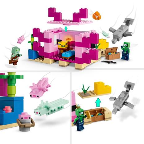 LEGO Minecraft 21247 La Casa dellAxolotl, Base Subacquea Rosa con Esploratore Subacqueo, Zombie, per Bambini da 7 anni - 4