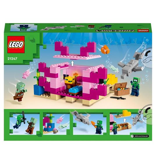LEGO Minecraft 21247 La Casa dellAxolotl, Base Subacquea Rosa con Esploratore Subacqueo, Zombie, per Bambini da 7 anni - 8