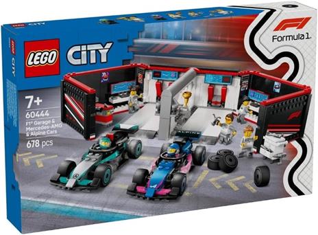 LEGO City 60444 Garage con Monoposto Mercedes-AMG e Alpine F1, Auto da Corsa Giocattolo con 6 Minifigure, Regalo Bambini 7+