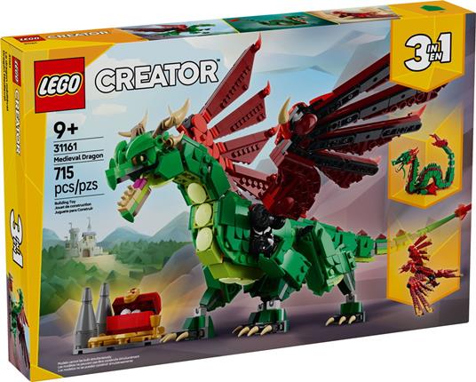 LEGO Creator 3 in 1 31161 Drago Medievale Giocattolo, Si Trasforma in Serpente o Fenice, Animali da Costruire per Bambini 9+