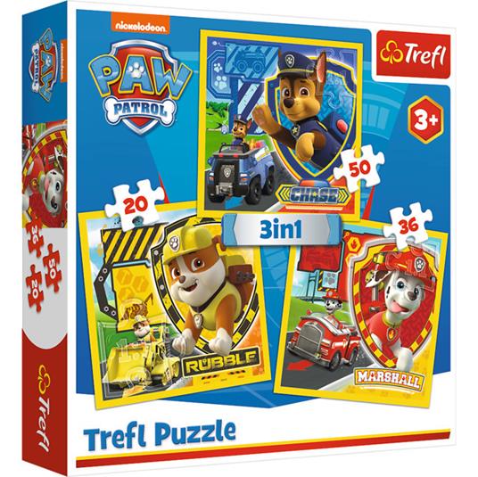 Trefl 34839 Puzzle 3 in 1 Paw Patrol 20 36 50 pezzi, multicolore