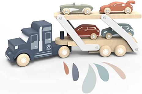 Bisarca giocattolo con macchine in legno Carro attrezzi bisarca in legno Camion bisarca con gru magnetica e auto in legno Auto giocattolo per bambini e bambine dai 3 anni in su 3 4 5 6