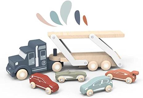 Bisarca giocattolo con macchine in legno Carro attrezzi bisarca in legno Camion bisarca con gru magnetica e auto in legno Auto giocattolo per bambini e bambine dai 3 anni in su 3 4 5 6 - 2