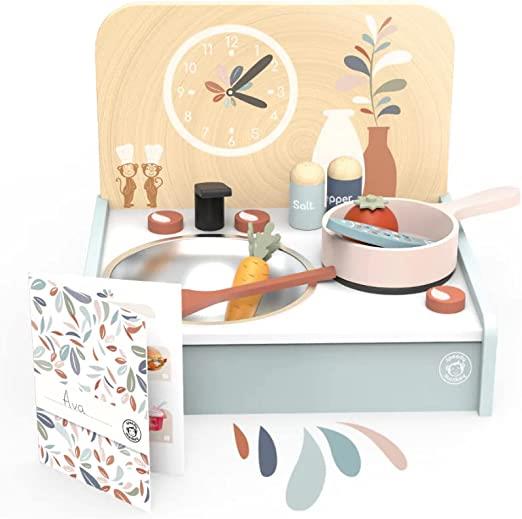 Set Pranzo Giocattolo da Bambini Cucina Giocattolo Accessori Gioco Giocattoli di Legno Cibo tè Regalo Ragazze Giochi Pranzo Anni Multicolore (Tavolino Set Cucina con 8 Accessori)