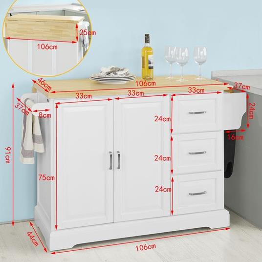 SoBuy Carrello Cucina Consolle Bianca Piano in Legno di Hevea,L85*P39*A90cm FKW68-WN 