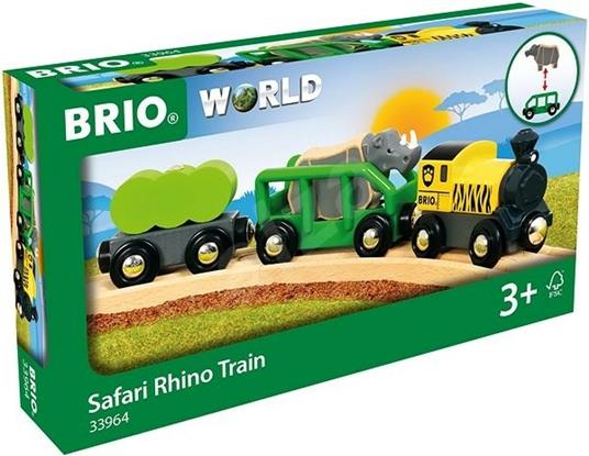 BRIO WORLD - Treno per Safari con Rinoceronte, Veicoli per Pista Trenino BRIO, 5 pezzi, Età 3+ Anni