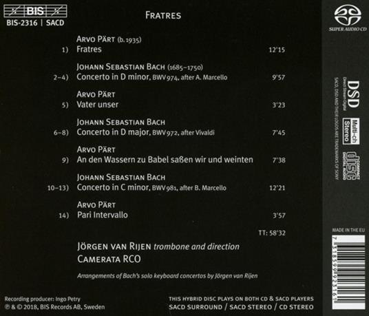 Fratres - SuperAudio CD di Johann Sebastian Bach,Arvo Pärt,Jörgen van Rijen - 2