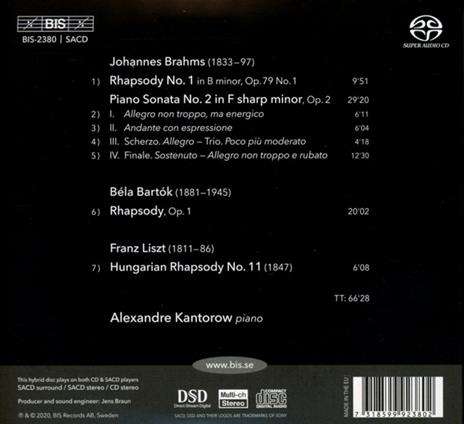 Alexandre Kantorow plays Brahms, Bartok, Liszt - SuperAudio CD di Johannes Brahms,Franz Liszt,Bela Bartok,Alexandre Kantorow - 2